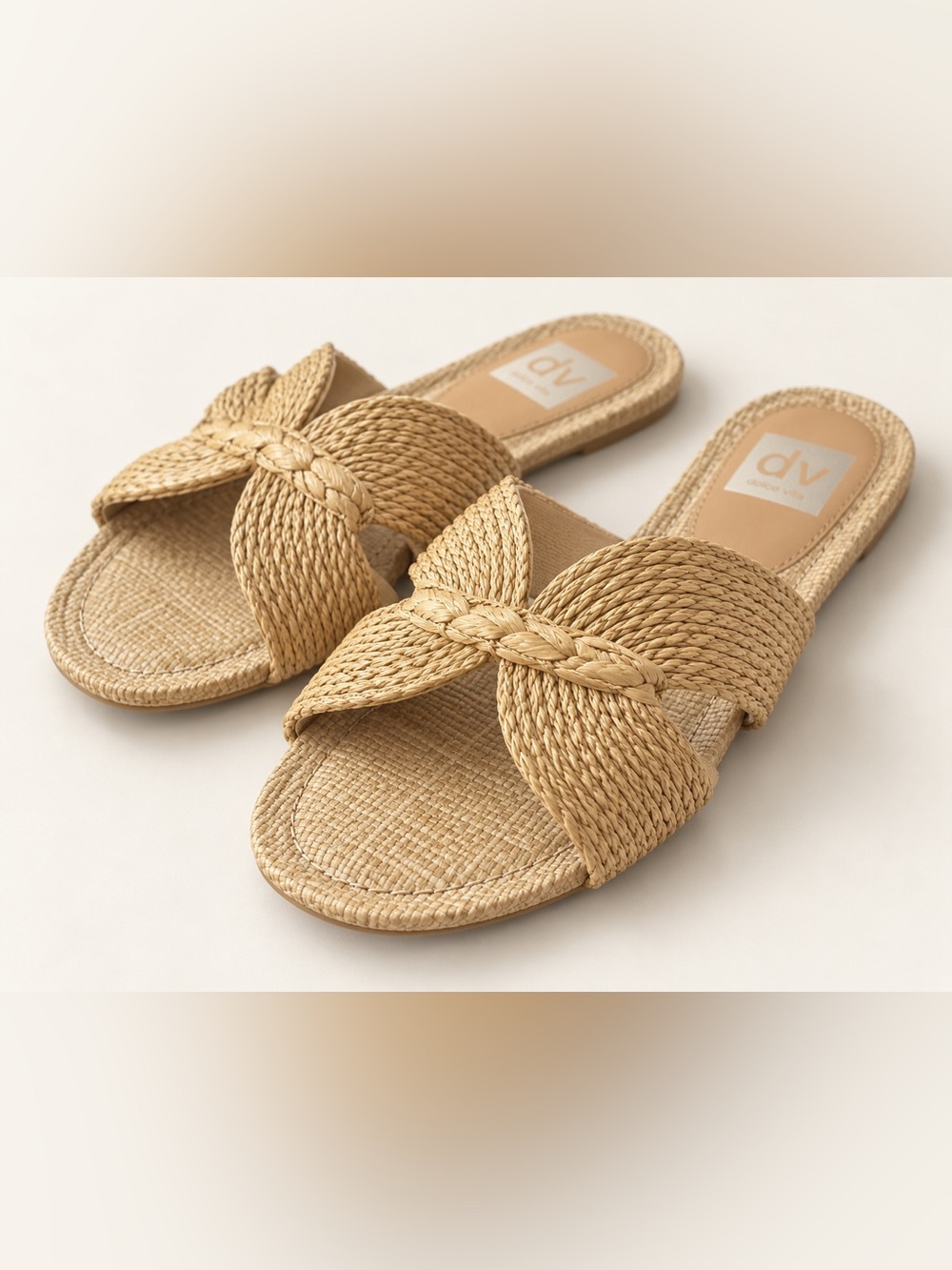 Dolce Vita Size 10 Natural Woven Raffia Bow Slide Sandals